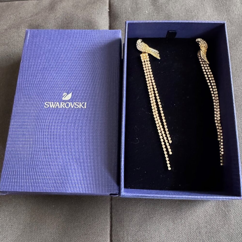 New in box authentic Swarovski Parrot Long Earrings Gold tone